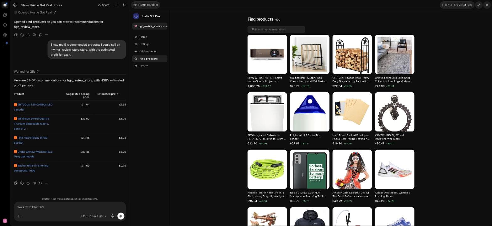 Actual Hustle Got Real plugin demo in ChatGPT showing product recommendations beside a product catalog