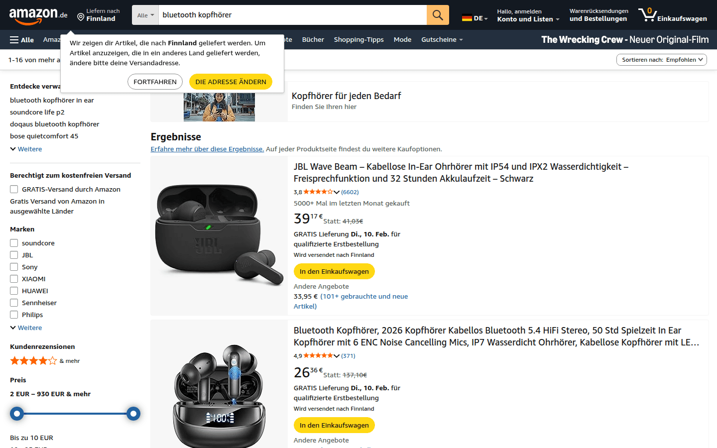 Résultats de recherche Amazon.de avec grille produits et filtres