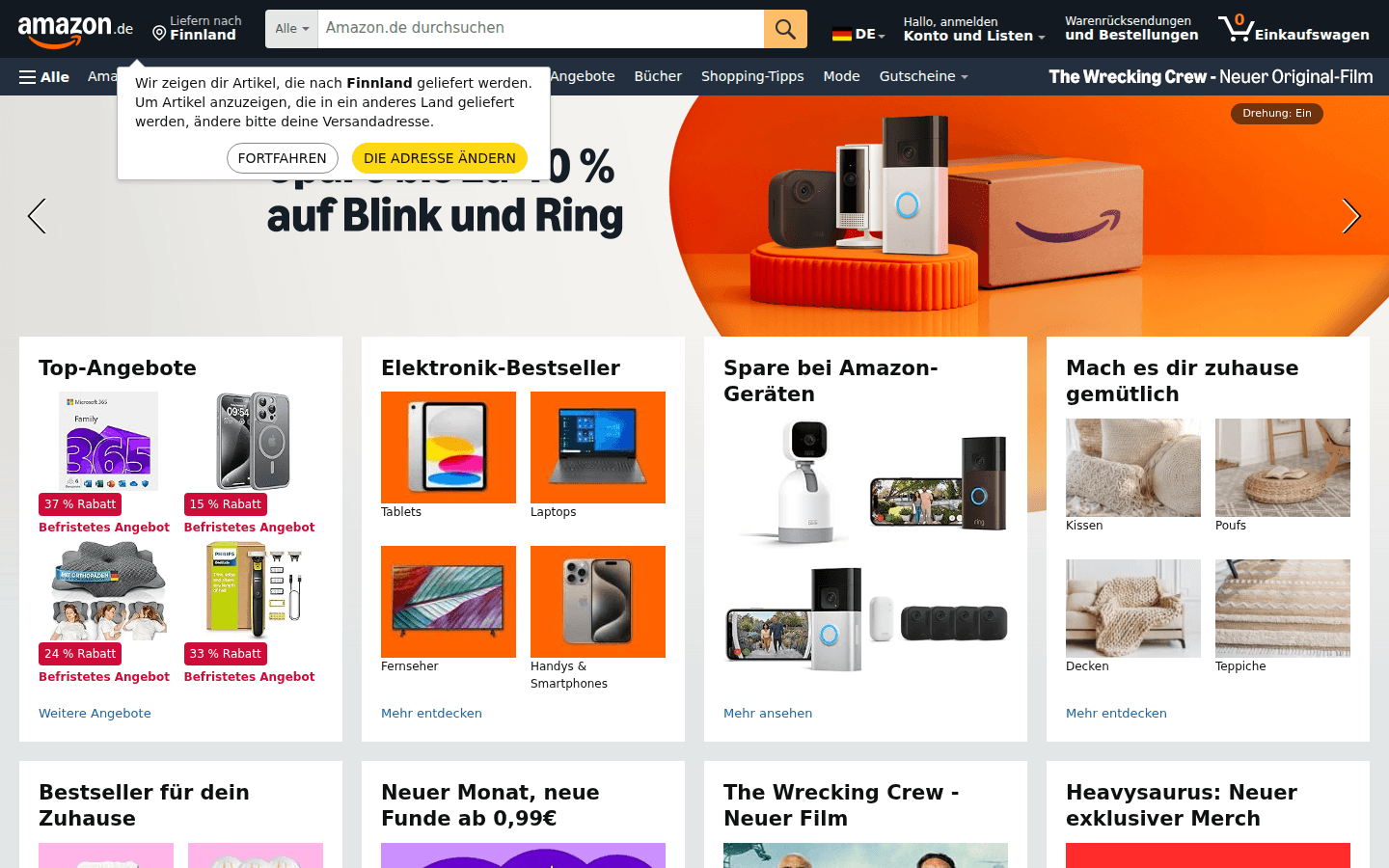 Page d’accueil Amazon Allemagne (utilisée pour l’Autriche) avec navigation et promos