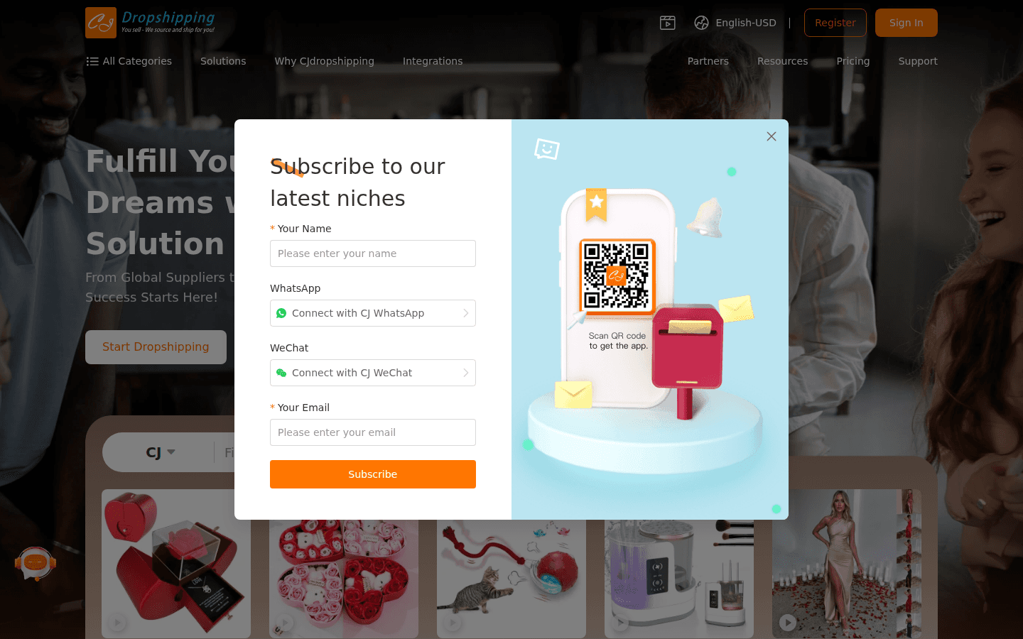 Navigation produits sur CJ Dropshipping avec plusieurs produits