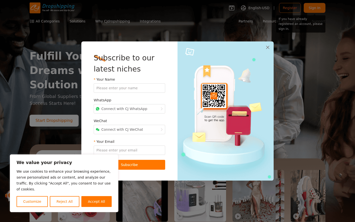 Page d’accueil CJ Dropshipping avec navigation