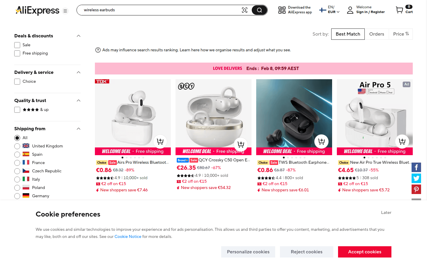 Page catégorie/recherche AliExpress avec grille produits, filtres et prix