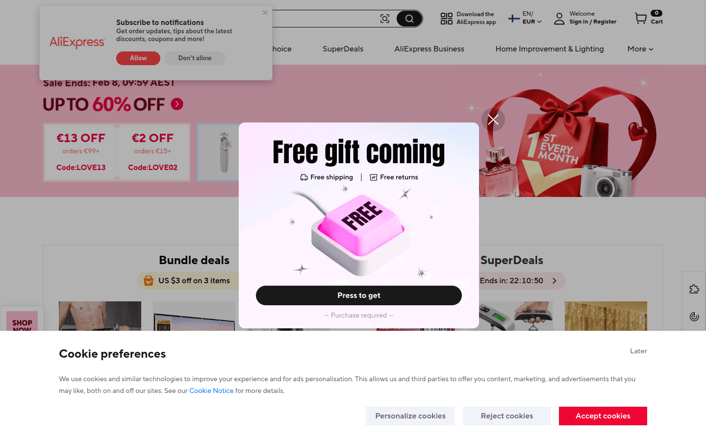 Page d’accueil AliExpress avec navigation et promotions