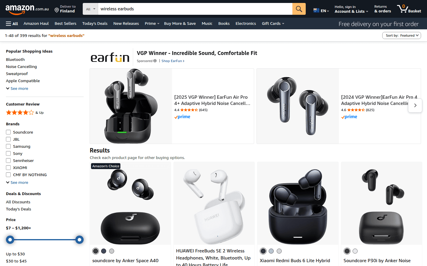 Amazon Australia search results page showing a product grid and filters