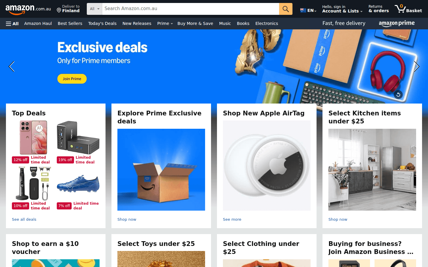 Amazon Australia homepage with navigation and featured deals