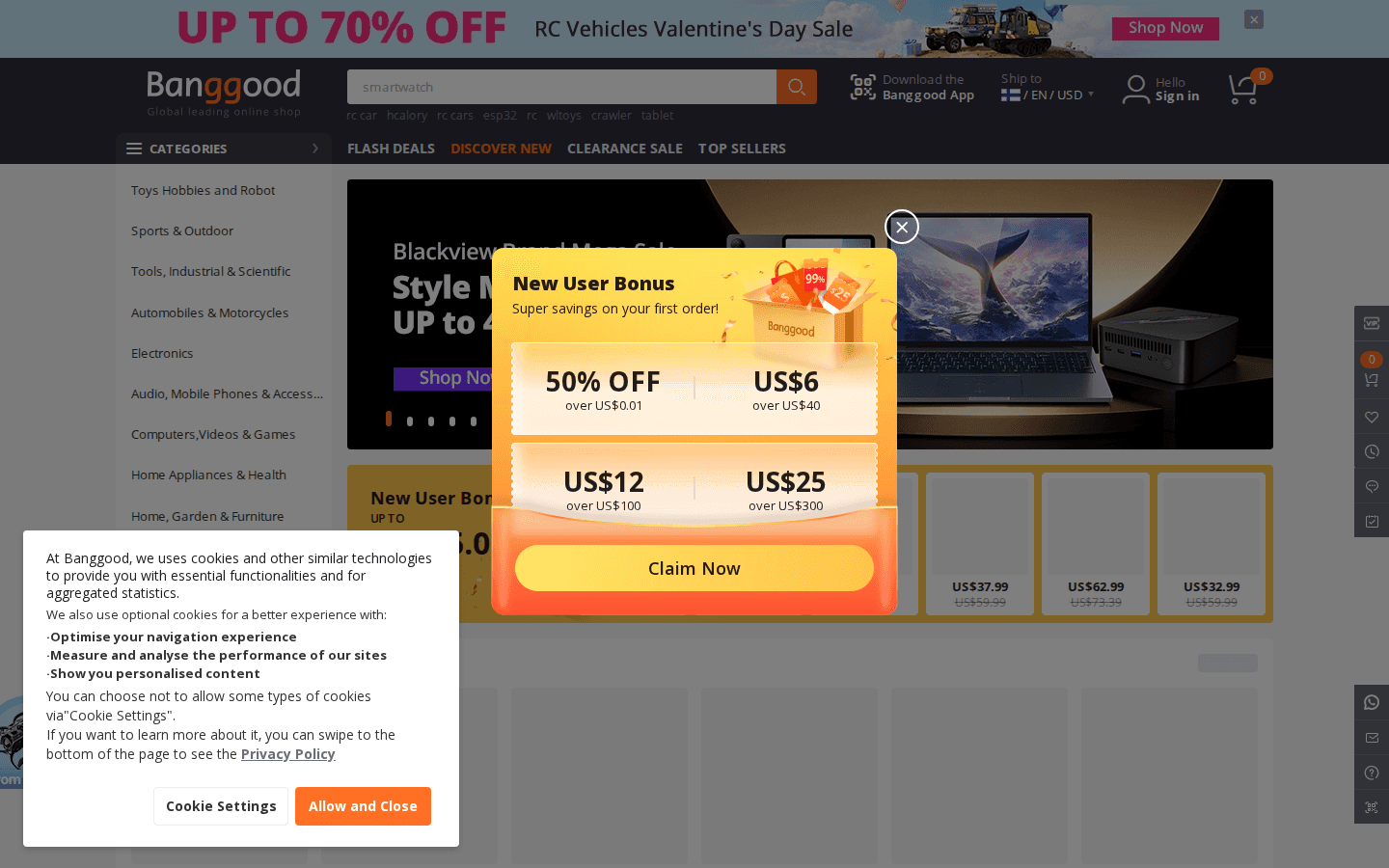 Homepage Banggood con categorie e offerte