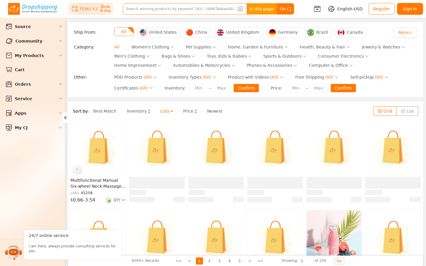 Página de listado de CJ Dropshipping con grid y filtros