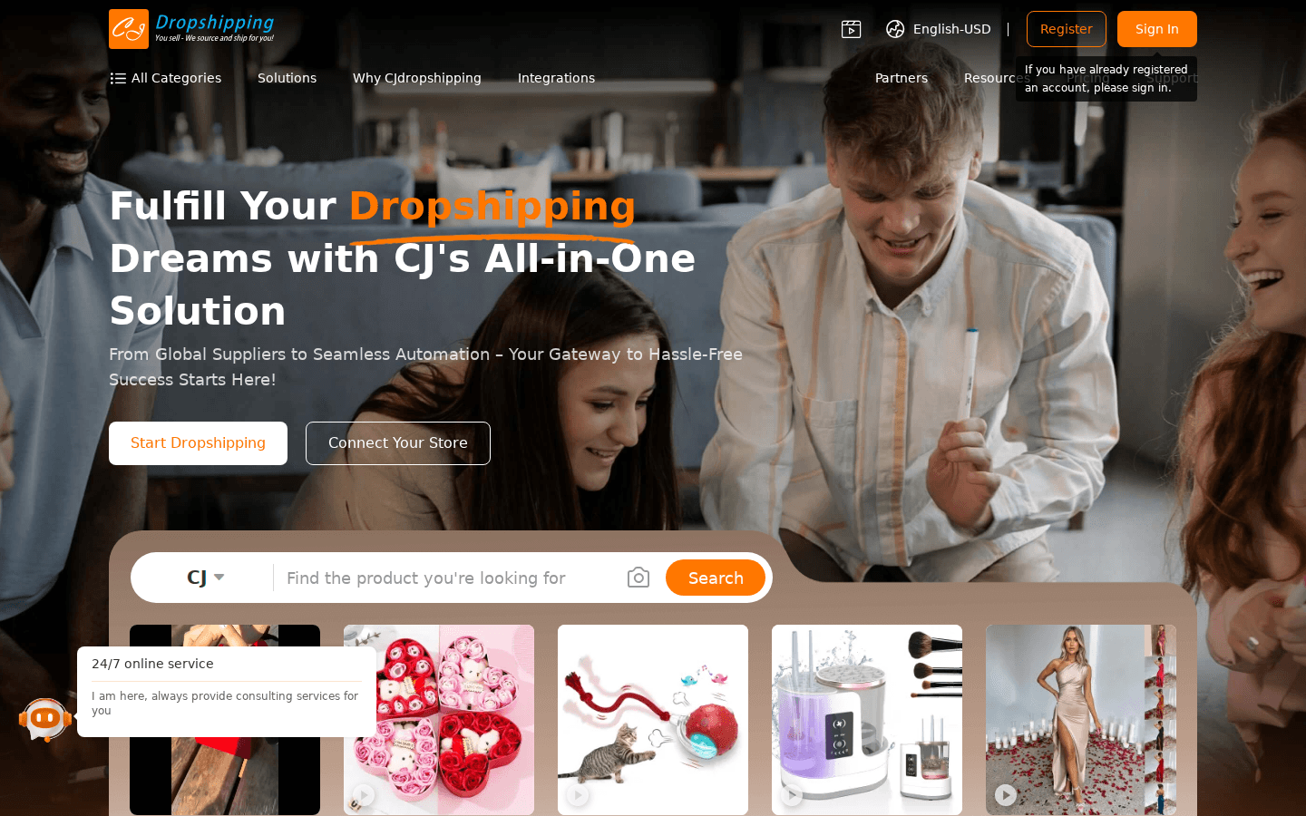 Homepage de CJ Dropshipping con navegación y buscador