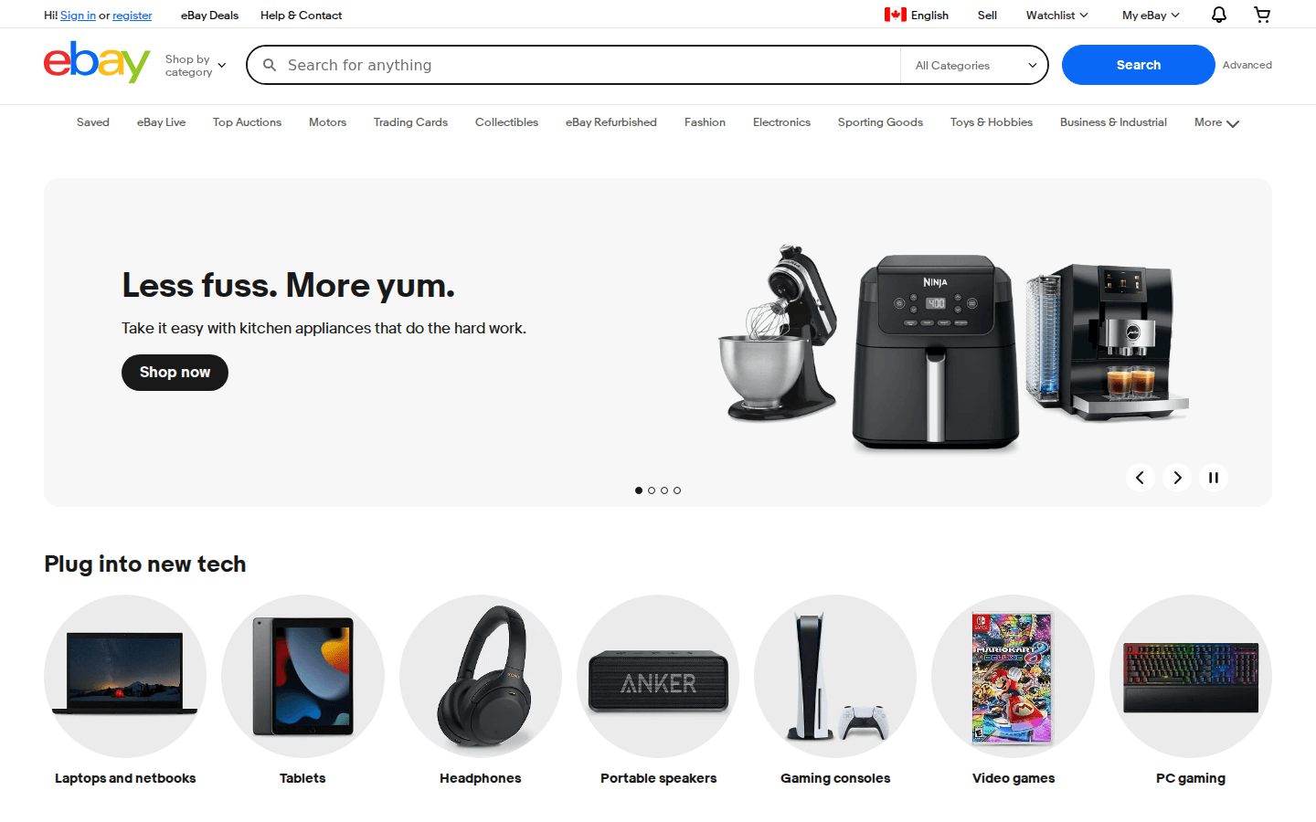 eBay Canada homepage showing search and category navigation