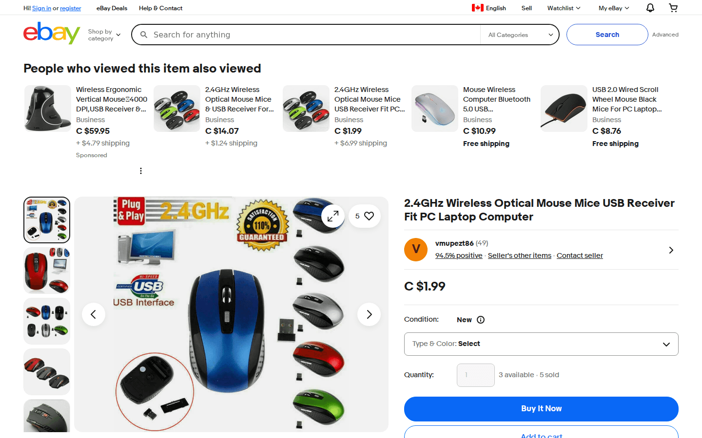 eBay Canada product listing page showing images, price and shipping details