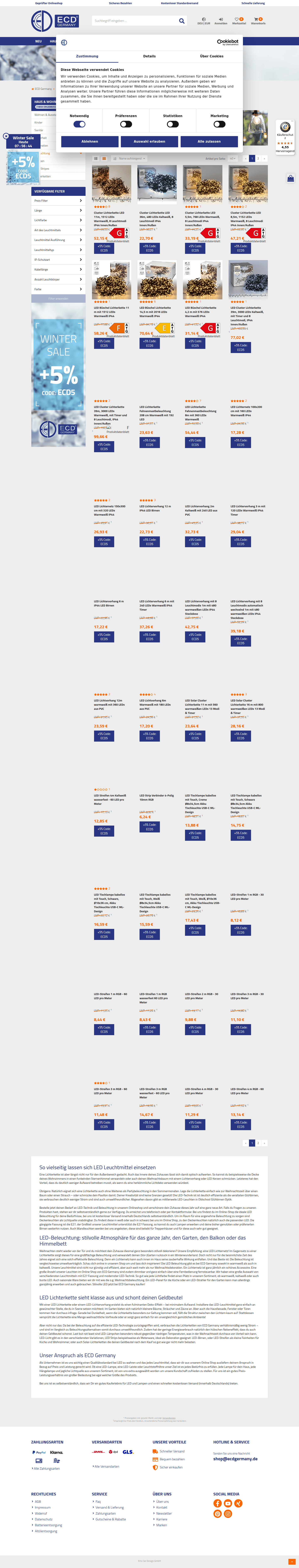 Página de categoría de iluminación en ECD Germany con grid y precios