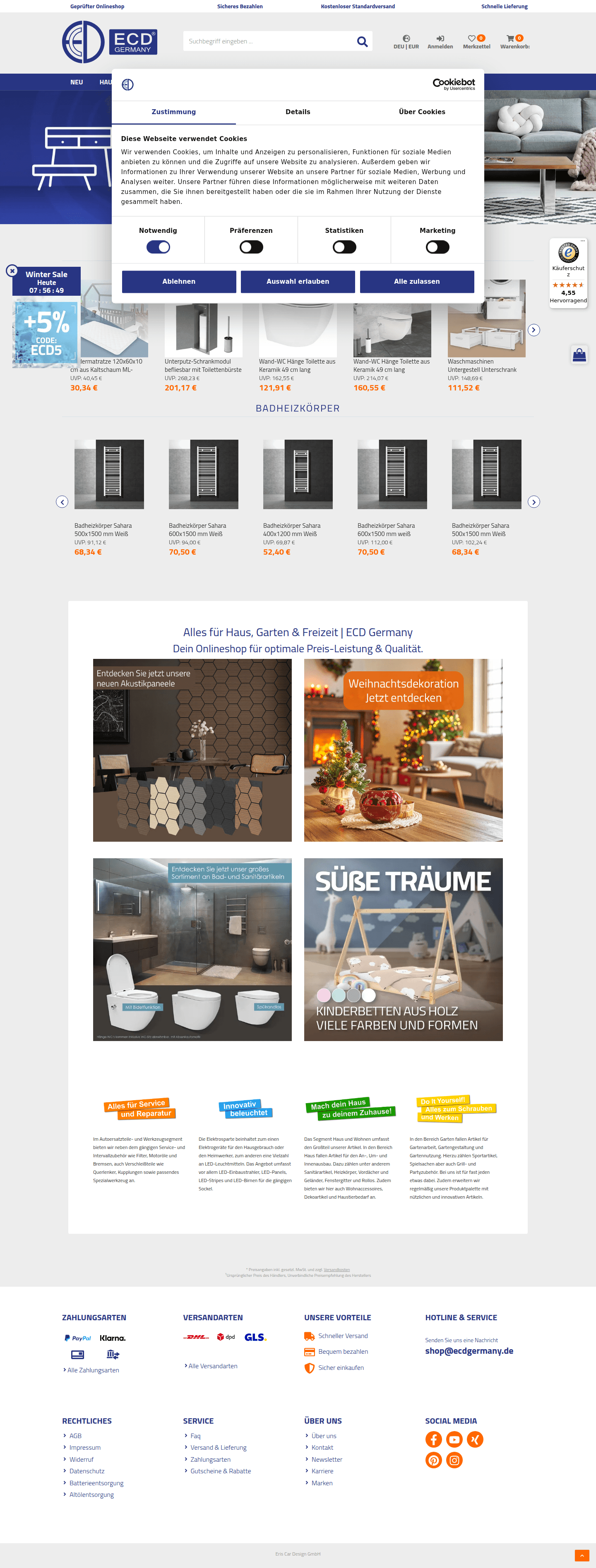 Homepage de ECD Germany con navegación y productos top seller