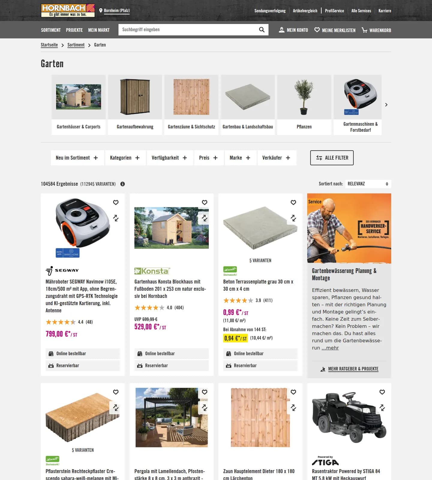 Hornbach category page showing a product grid