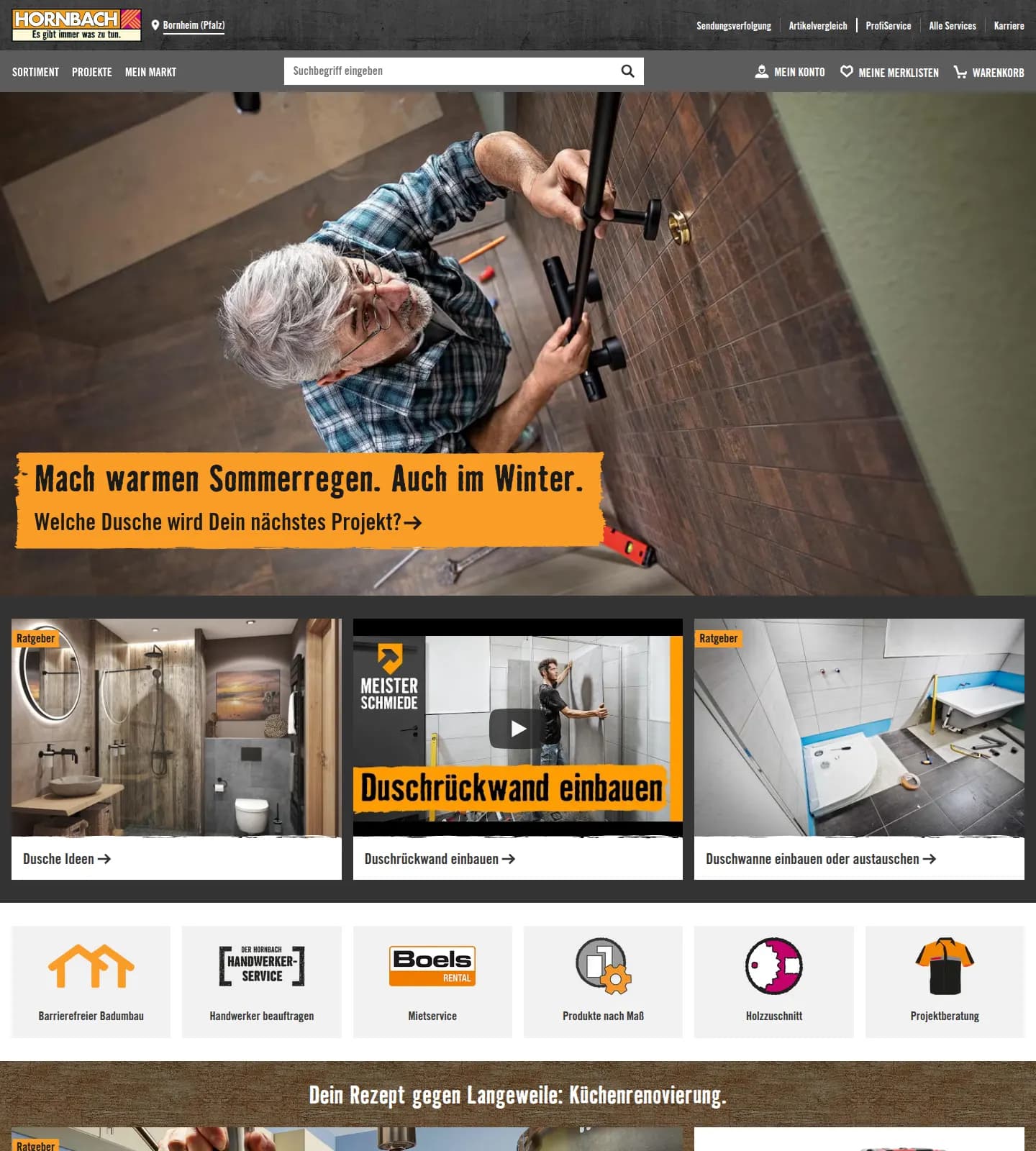 Hornbach homepage showing navigation and featured categories