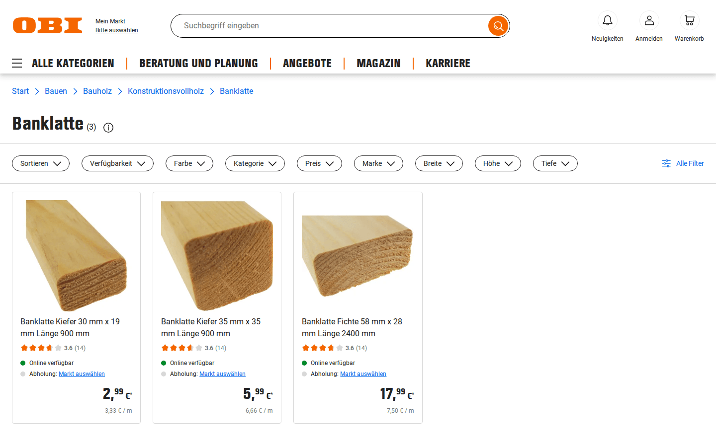 OBI product listing page showing a grid of results