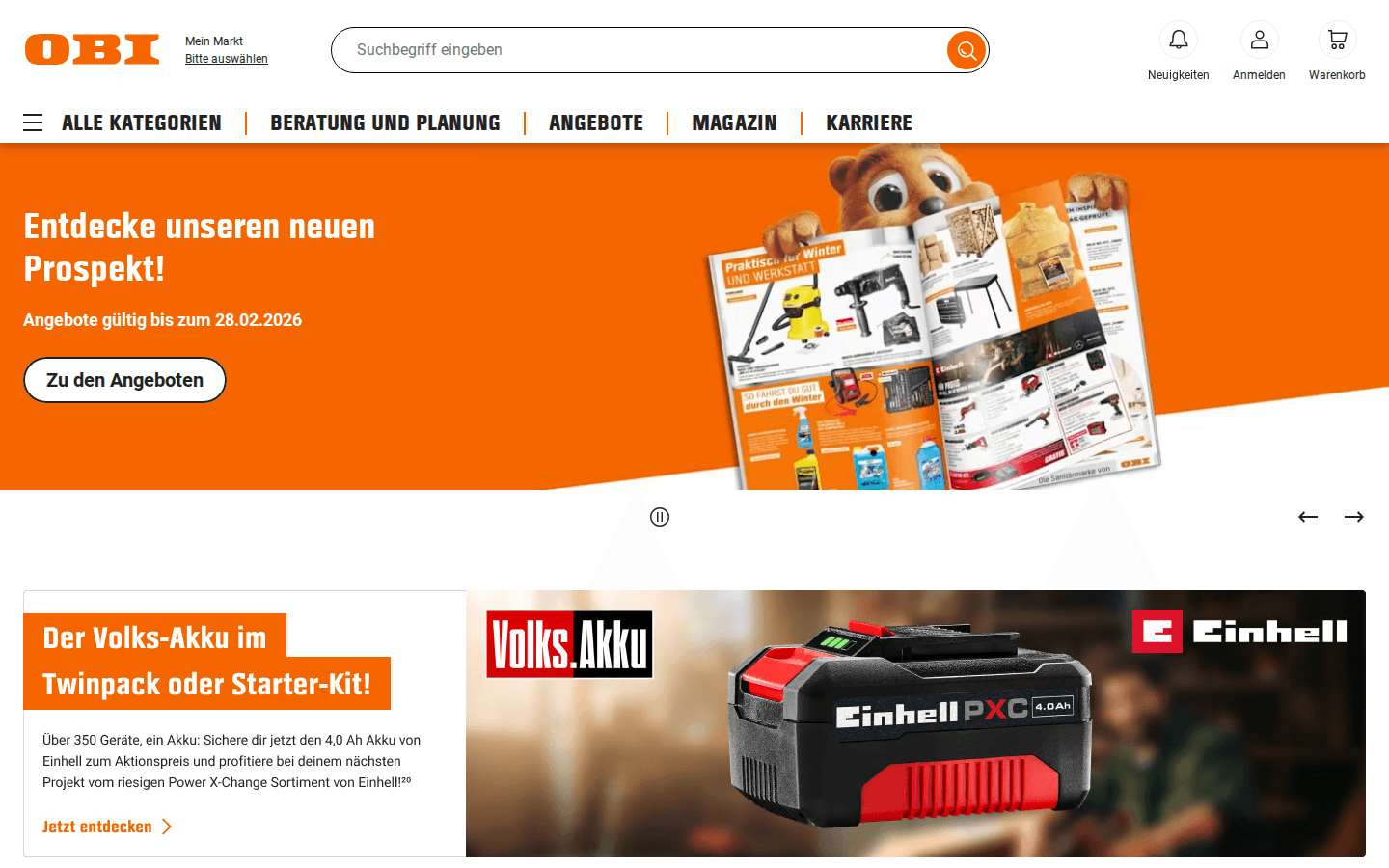 OBI homepage showing navigation and featured categories