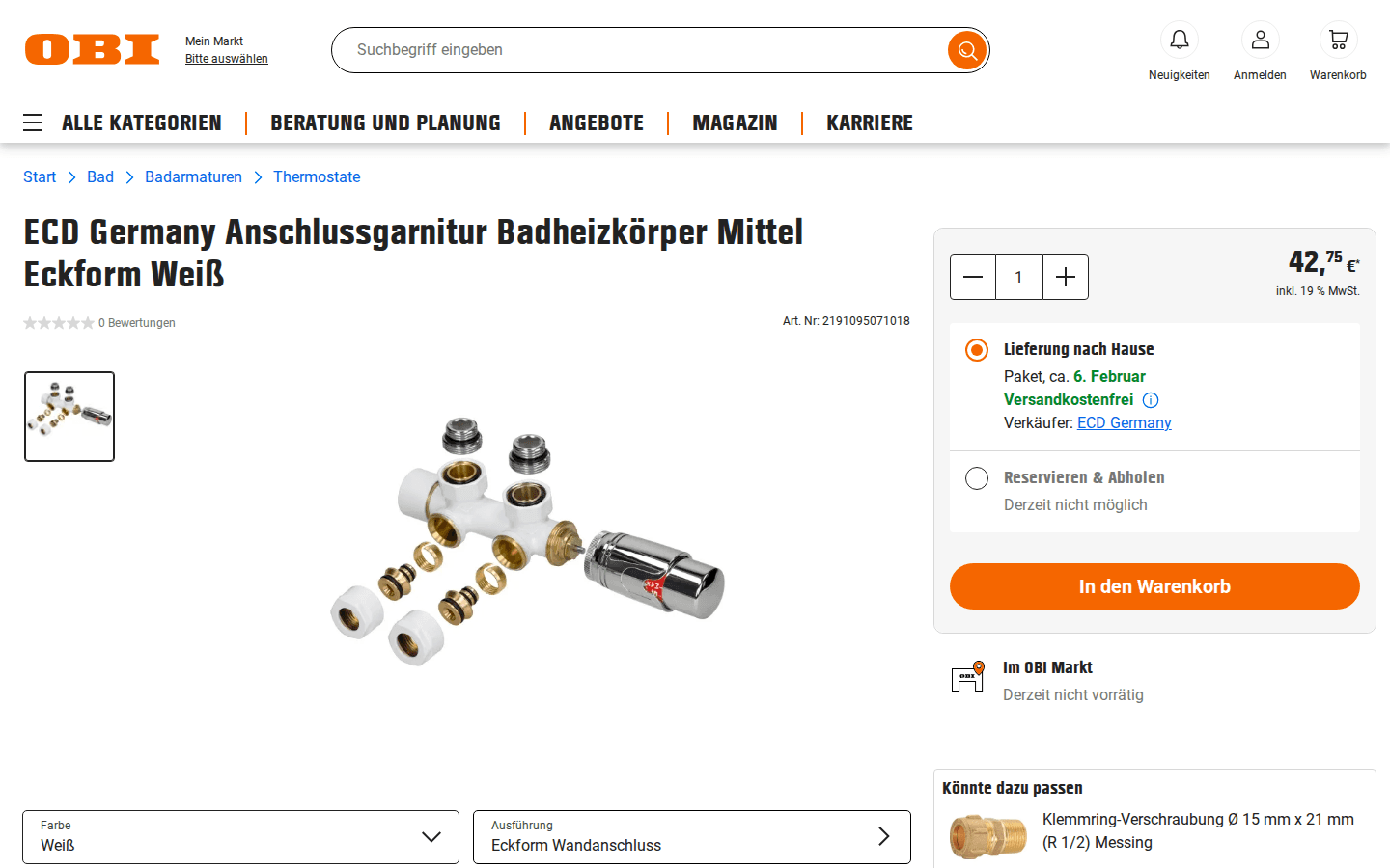 OBI product page showing images and key product details