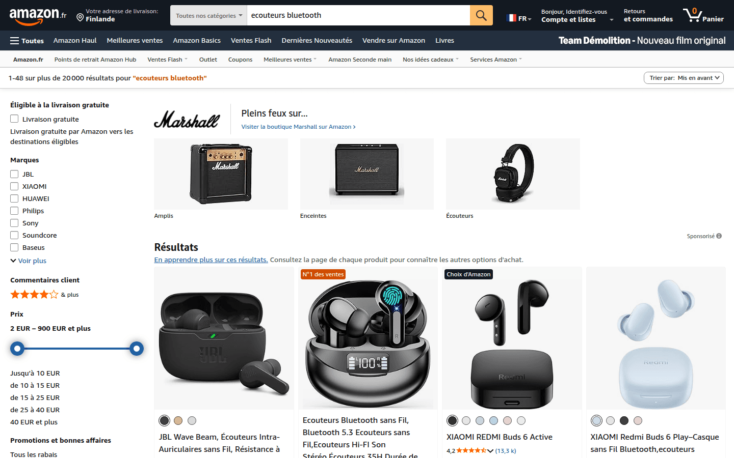 Risultati ricerca Amazon.fr con griglia prodotti e filtri