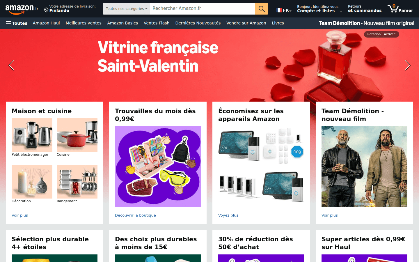 Homepage Amazon Francia con navigazione e promozioni