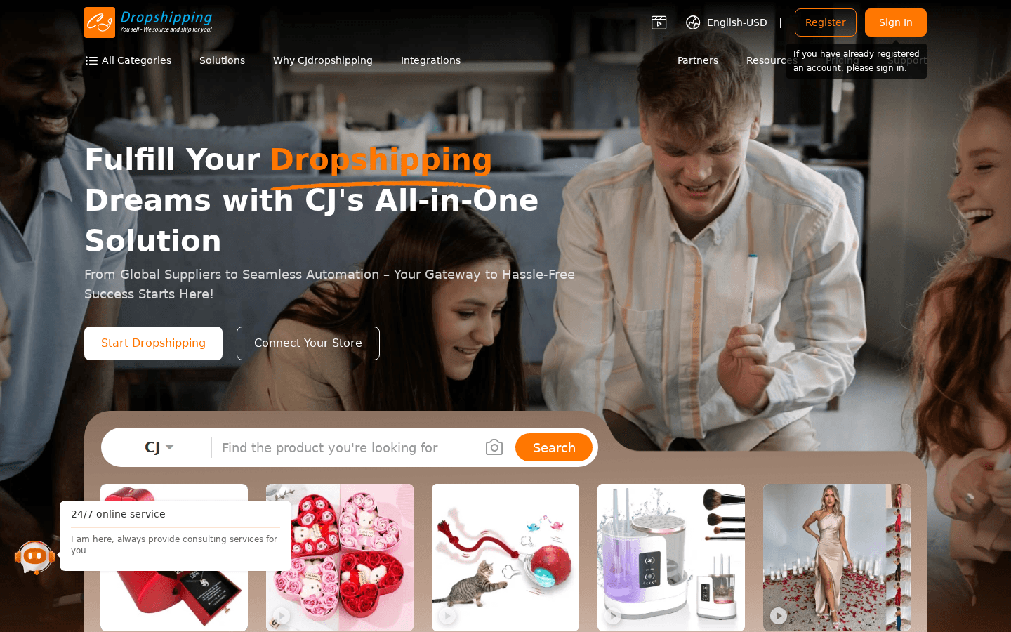 CJ Dropshipping homepage showing search and featured products