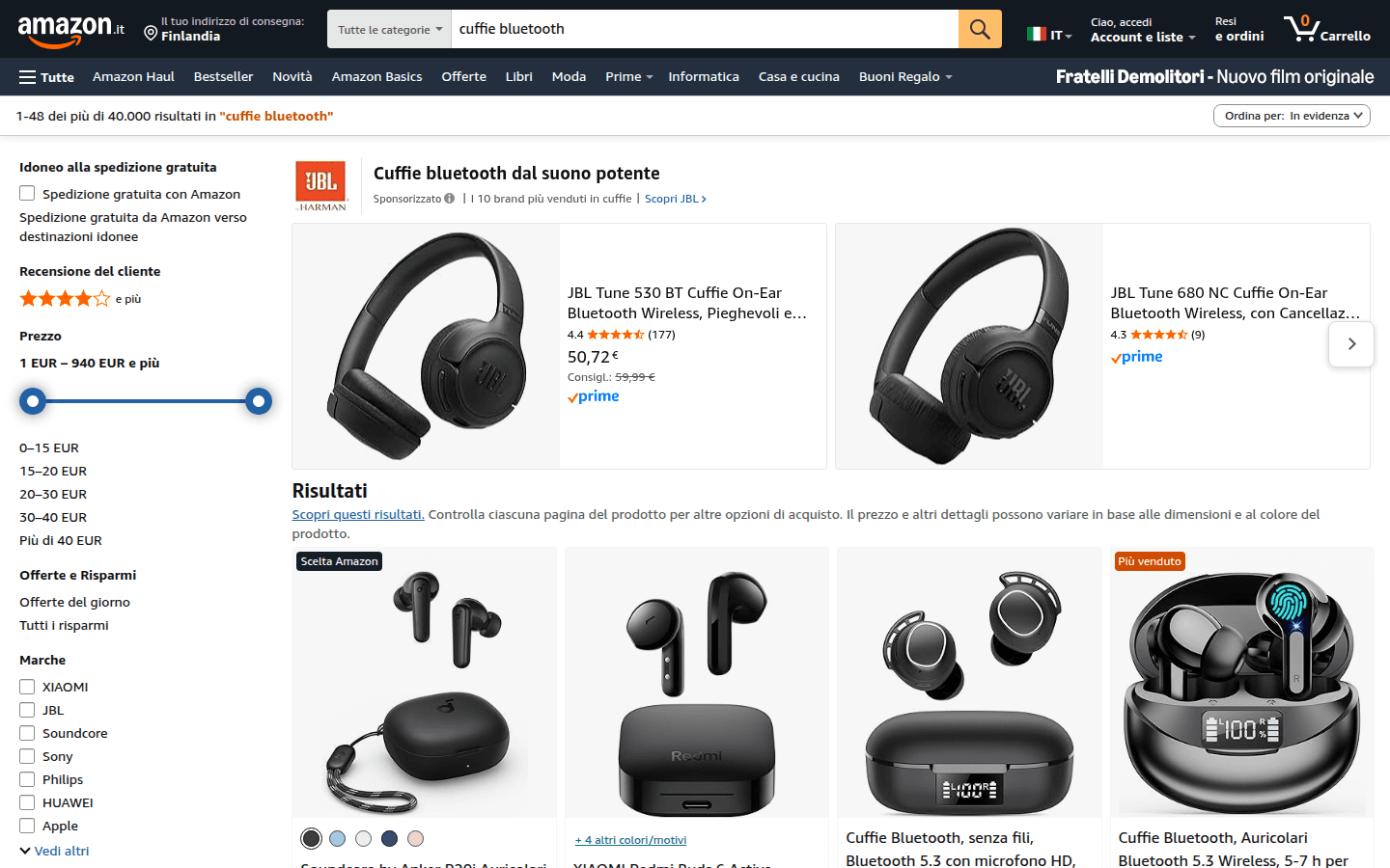 Amazon.it Suchergebnisse mit Produktgrid und Filtern