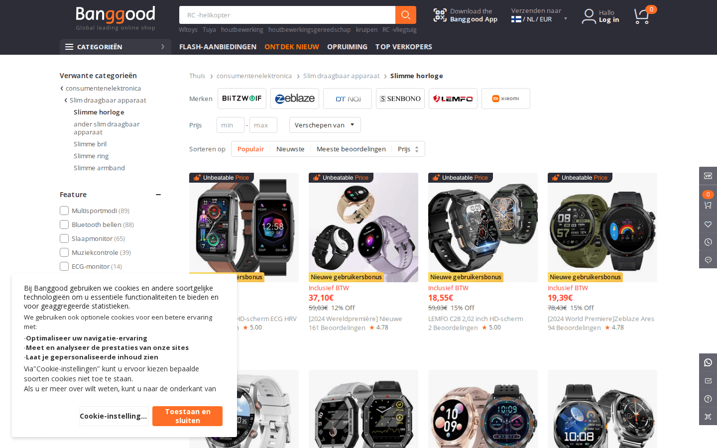 Página de categoría de Banggood NL con grid de productos
