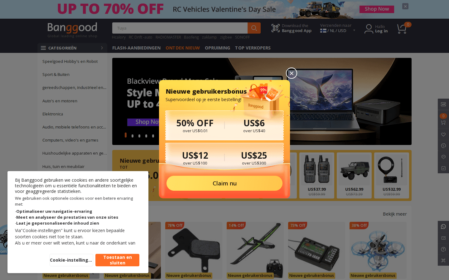 Homepage de Banggood NL con navegación y promociones destacadas