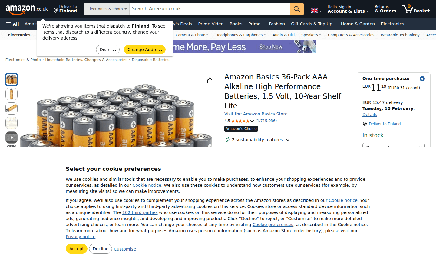 Amazon Produktseite mit Bildern, Preis und Lieferinformationen