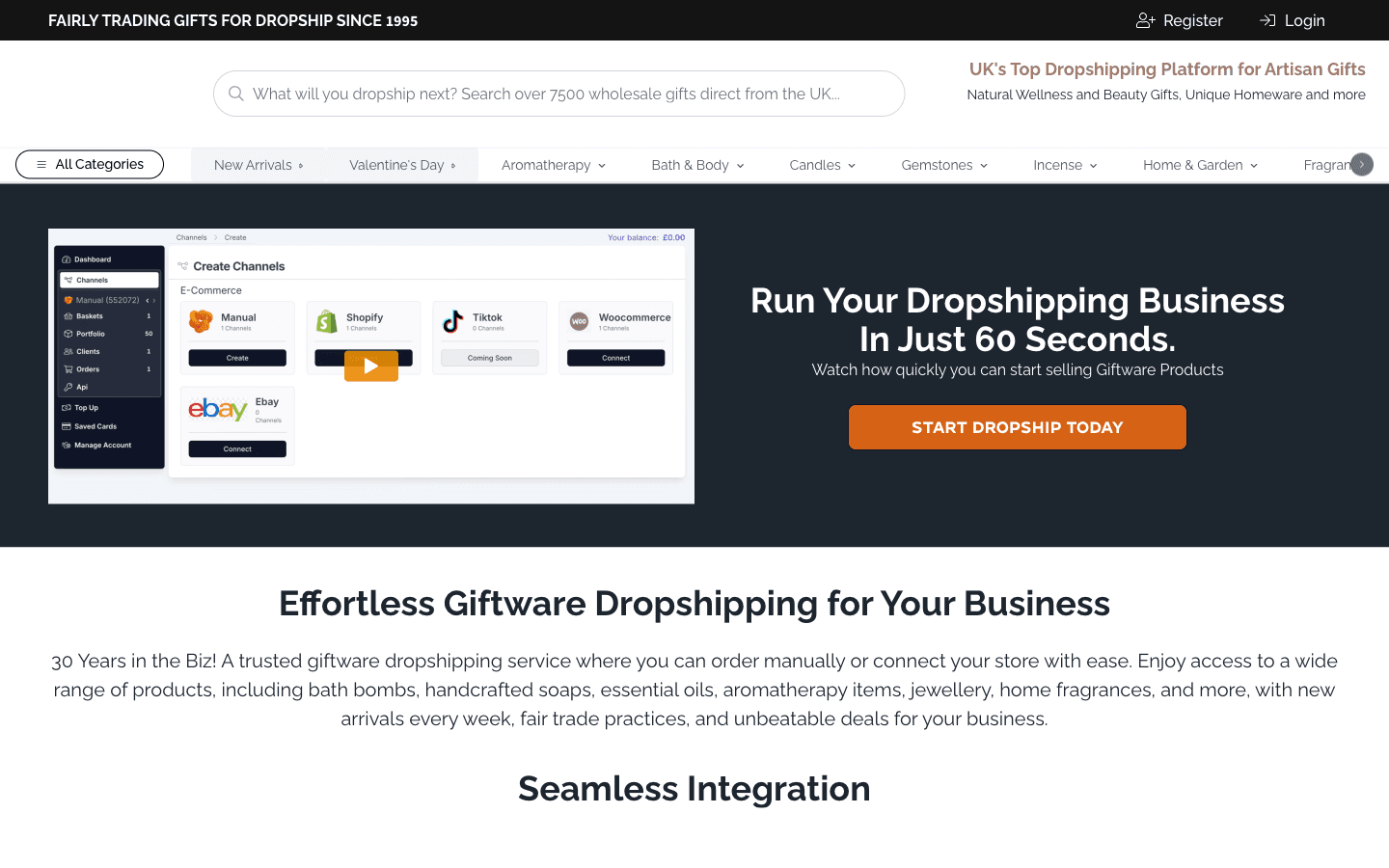 Homepage de AW Dropship con navegación de dropshipping y categorías de giftware