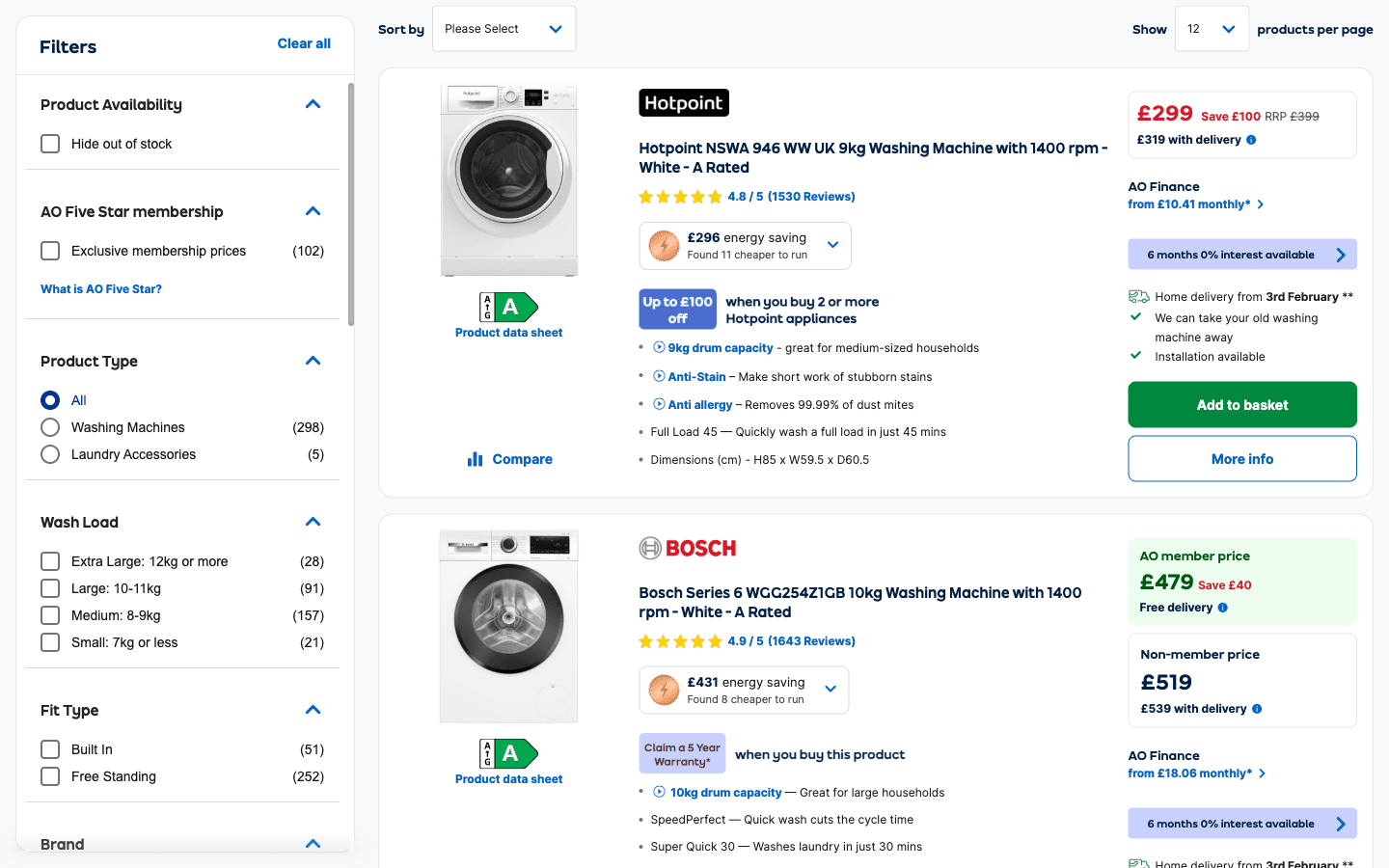 AO.com listeleme sayfası: filtreler ve çamaşır makinesi sonuçları