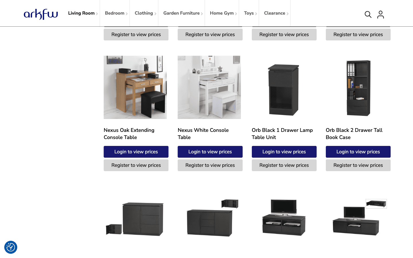 Arkfw category page with a product grid for living room furniture