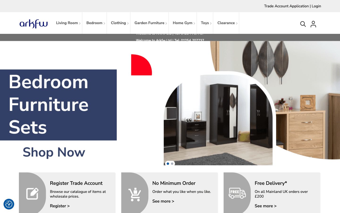 Arkfw homepage showing wholesale categories like living room and bedroom