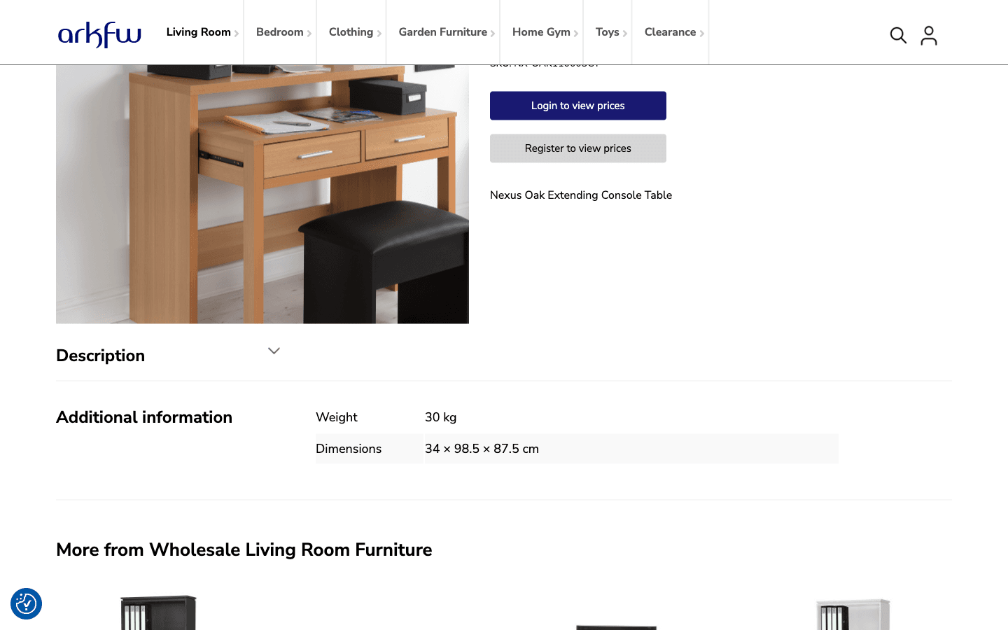 Arkfw product page showing images and key specifications like weight and dimensions