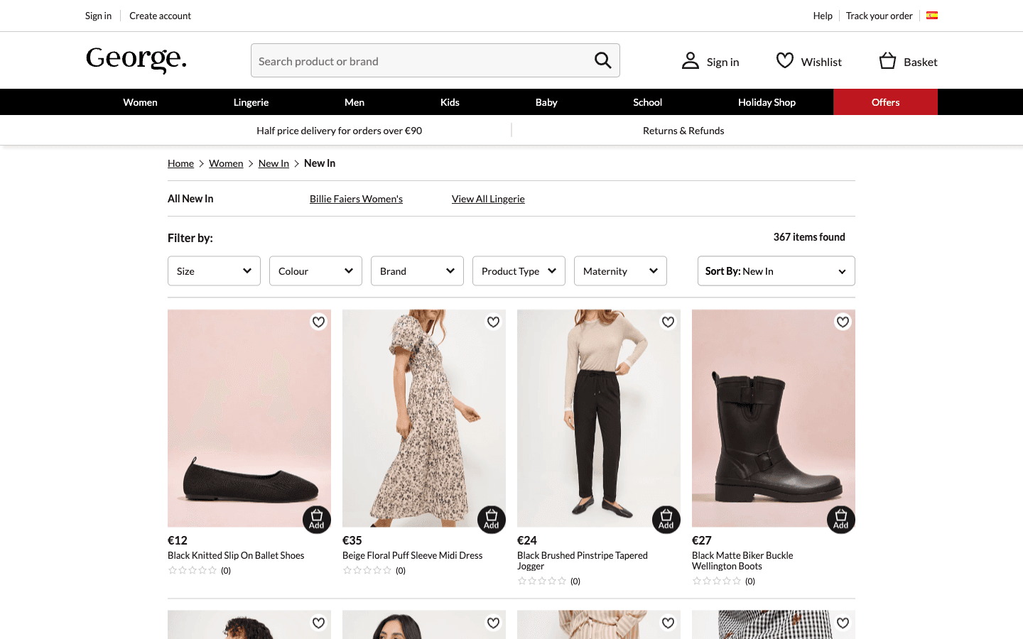 ASDA Kategorie mit Filtern (Größe, Farbe, Marke) und Produktgrid