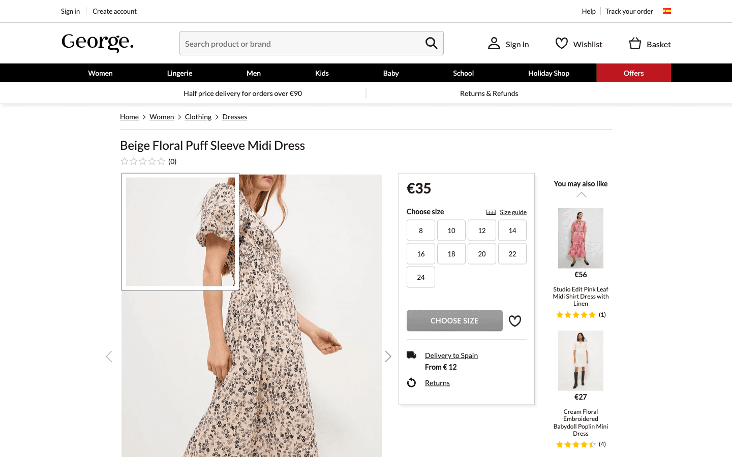ASDA Produktseite mit Preis, Größenwahl und Details