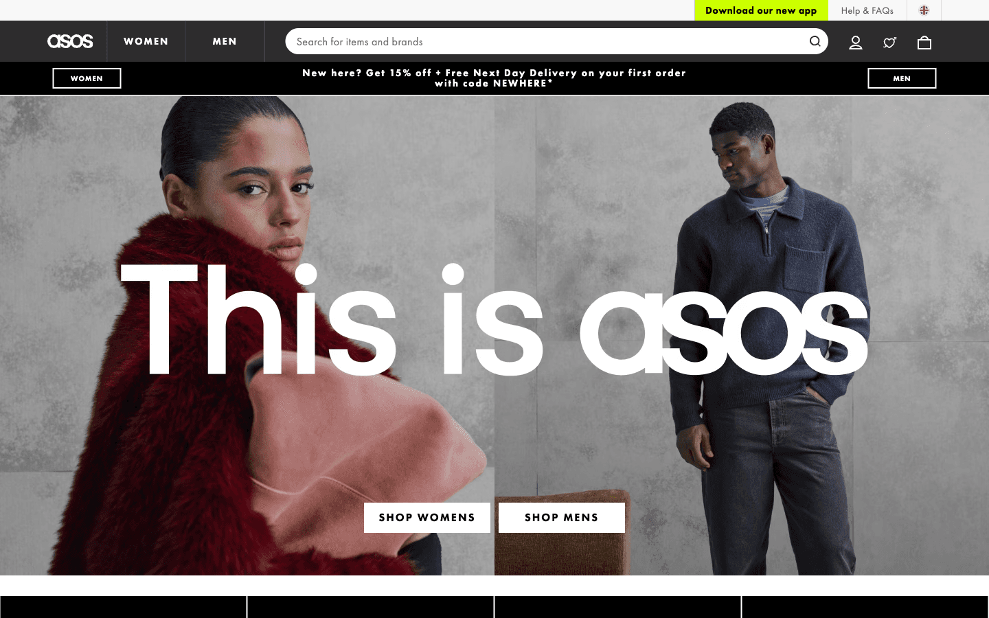 ASOS homepage showing Women and Men navigation