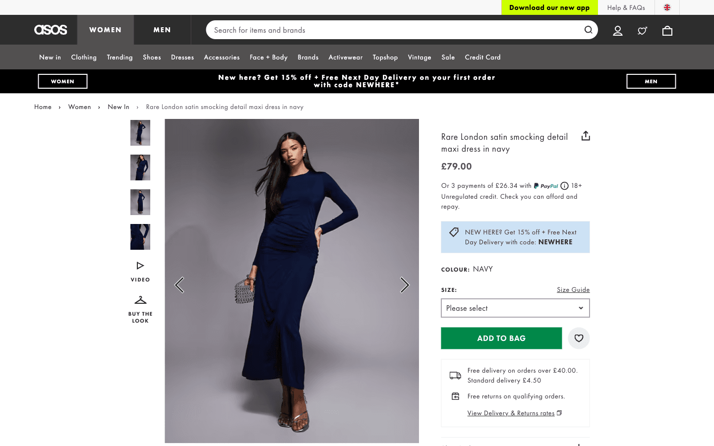 ASOS product page showing images, pricing, and size selection