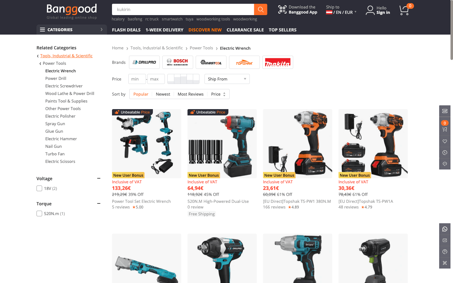 Catégorie Banggood UK avec grille produits (outils électriques)