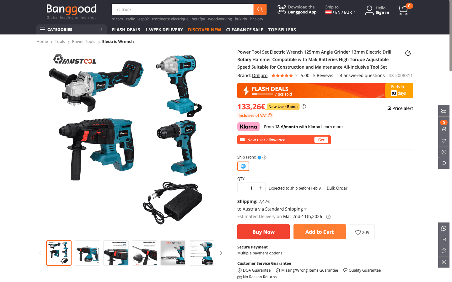 Fiche produit Banggood UK avec images, prix et infos livraison