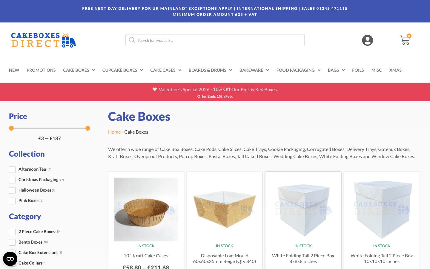 Cakeboxes Direct category page with product grid and filters by collection and size