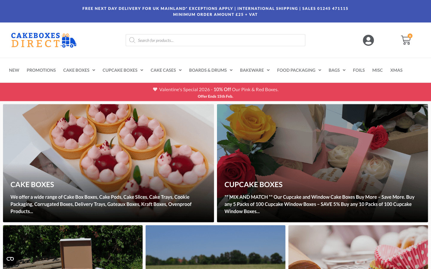 Cakeboxes Direct homepage showing cake box and cupcake packaging categories