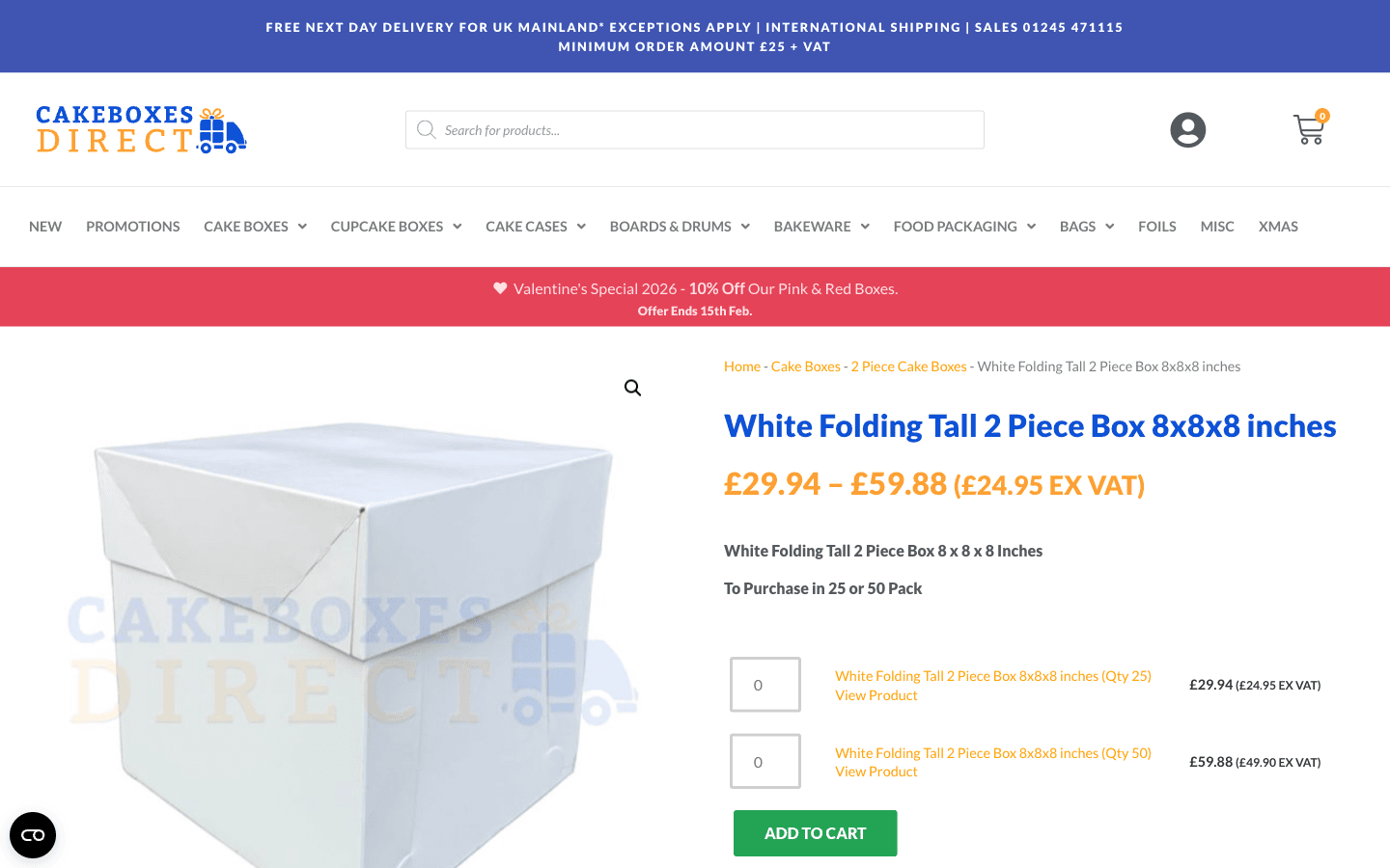 Cakeboxes Direct product page with photos, pricing, and pack quantity options