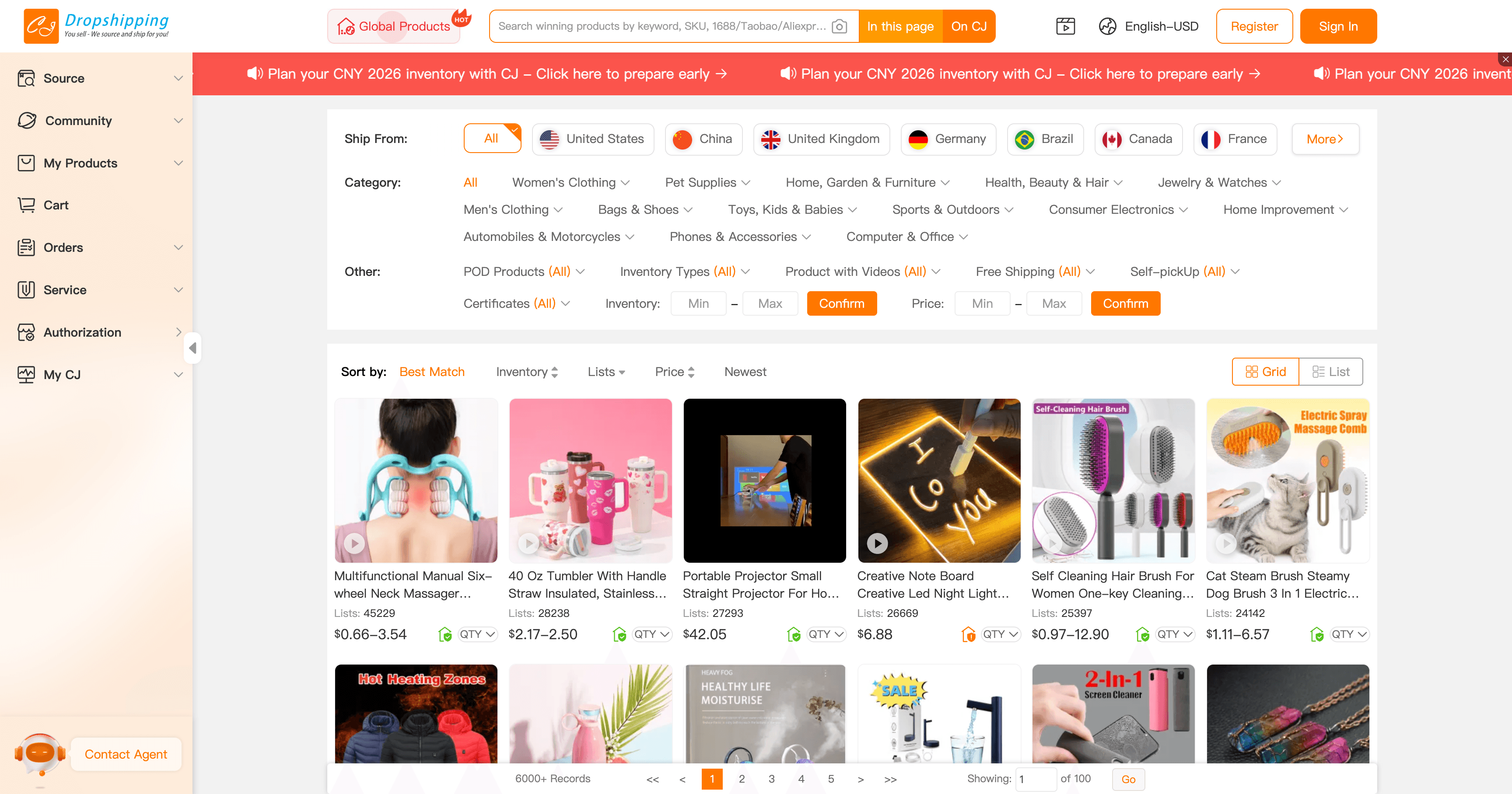 Lista prodotti CJ Dropshipping con filtri ship-from e griglia prodotti