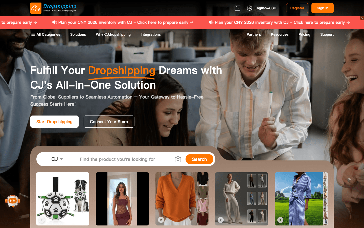 Homepage CJ Dropshipping con ricerca e prodotti in evidenza