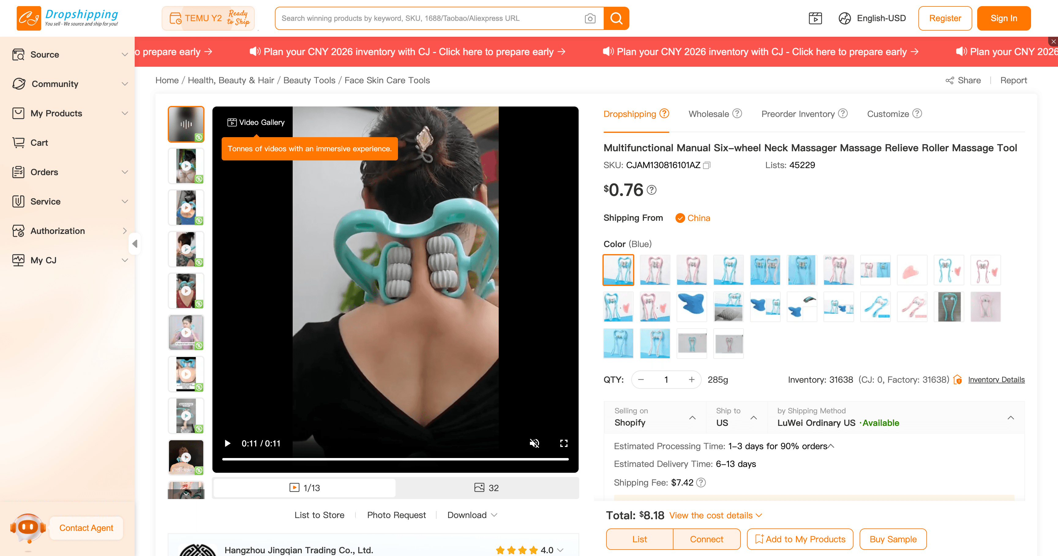 Scheda prodotto CJ Dropshipping con media, varianti e dettagli spedizione