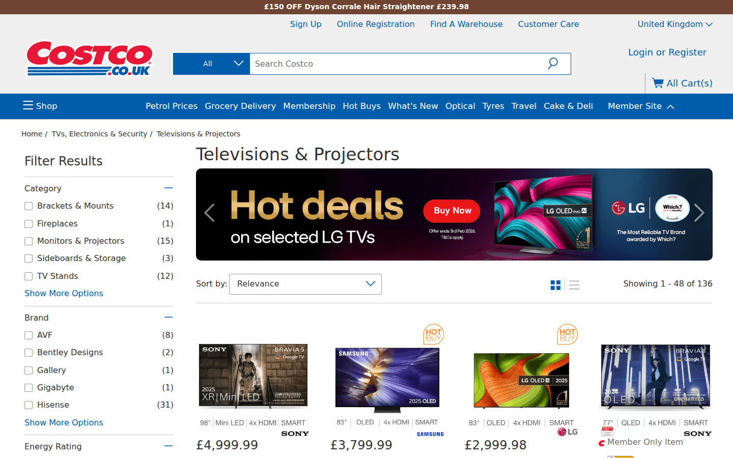 Pagina categoria di Costco UK con griglia prodotti e prezzi