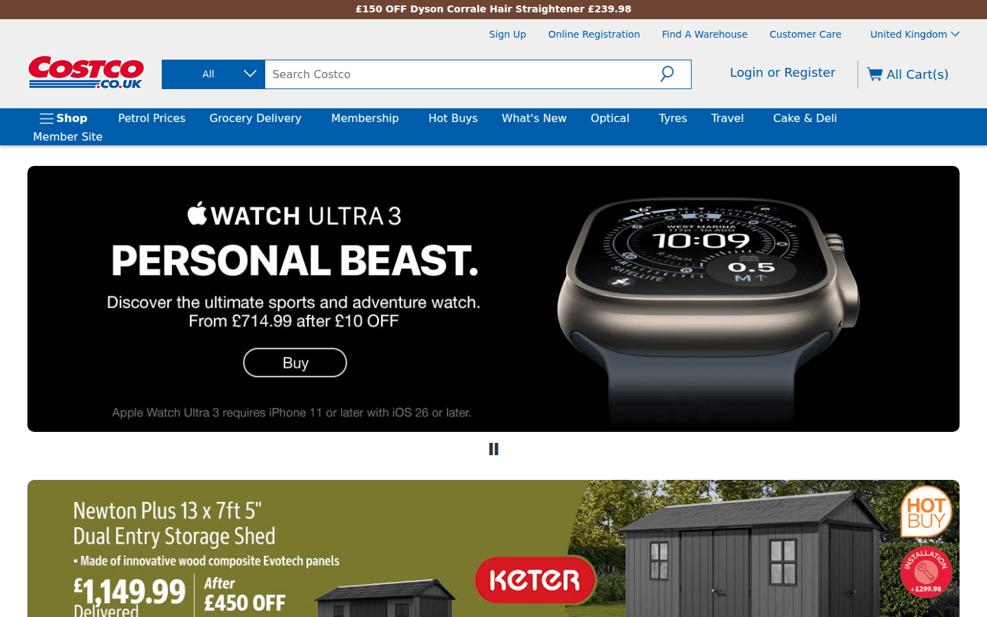 Homepage di Costco UK con offerte e navigazione