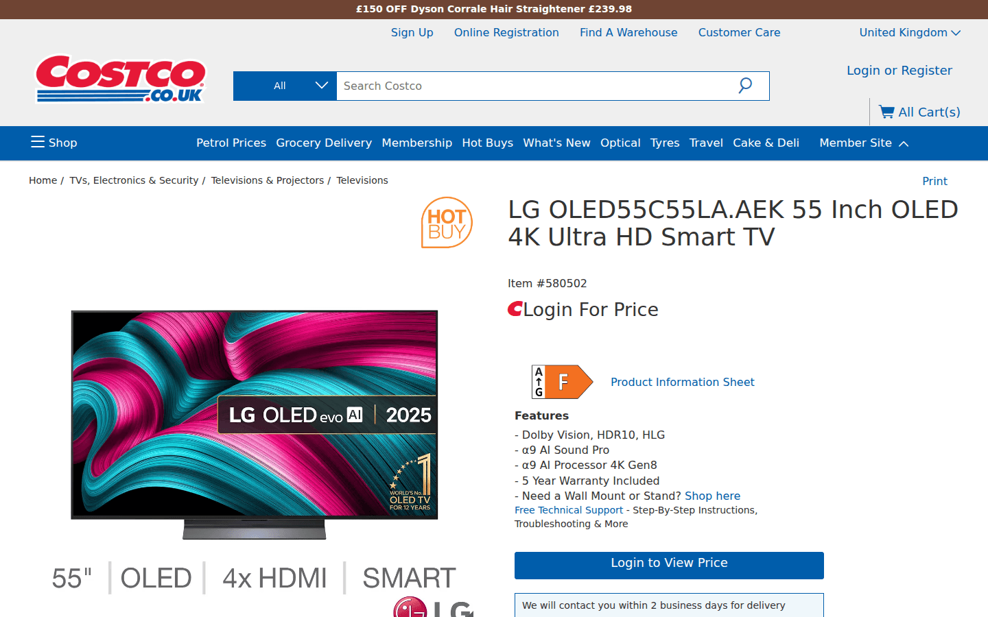 Scheda prodotto di Costco UK con immagini e dettagli chiave