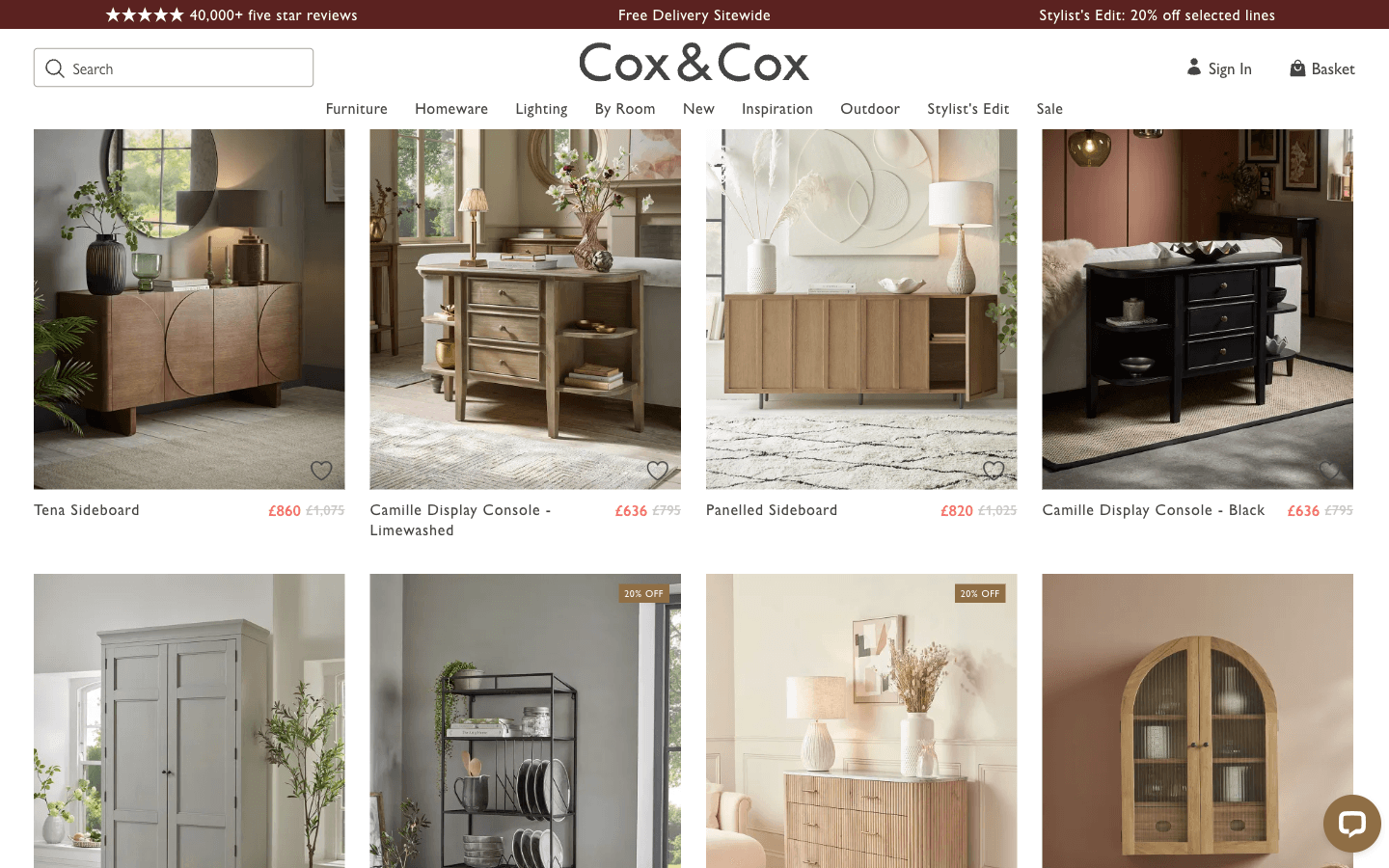 Cox & Cox category page with product grid and pricing