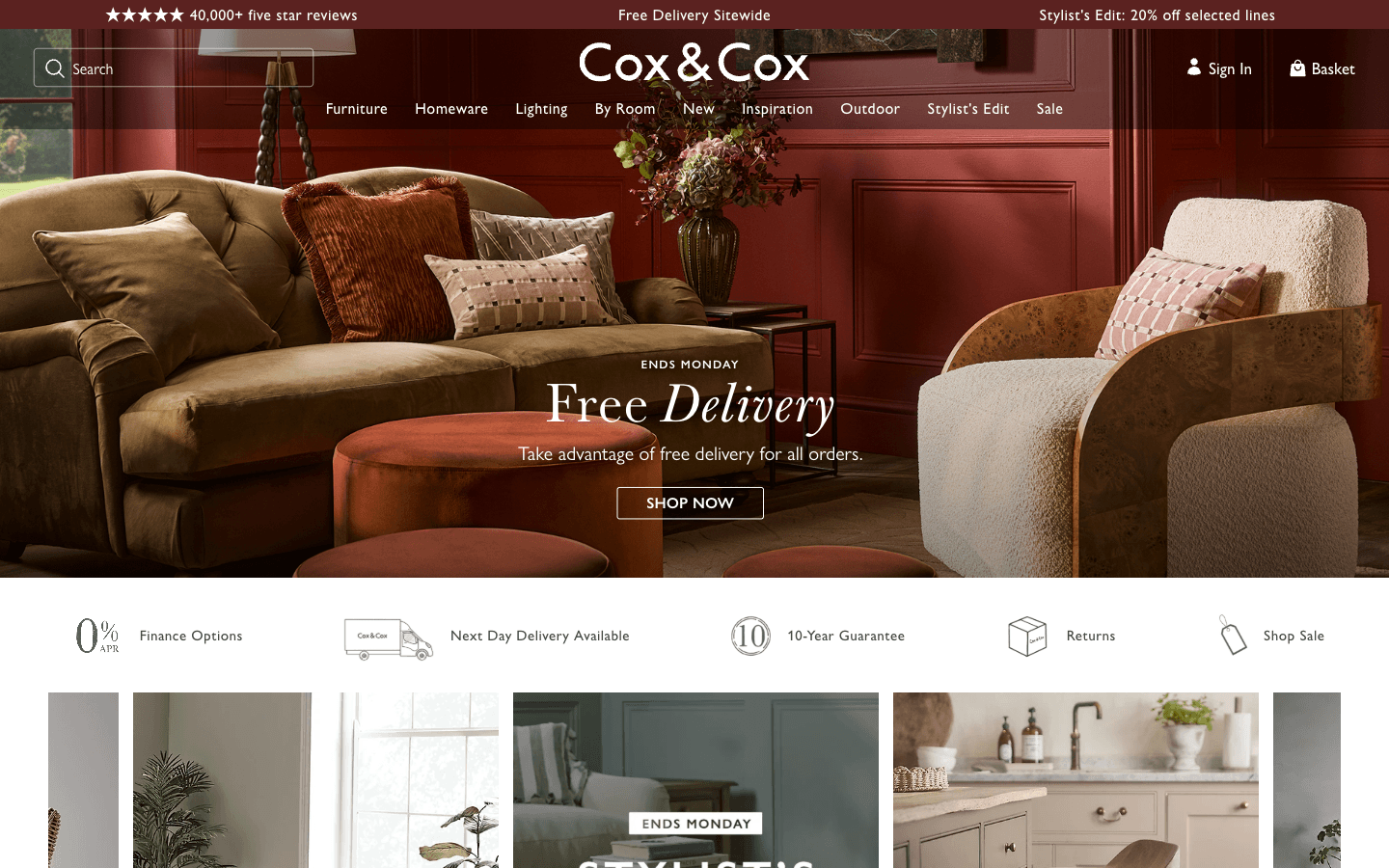 Cox & Cox homepage showing furniture and home décor navigation